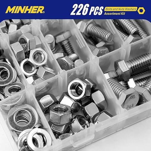 Miniatura 4 de Kit de 226 tornillos y tuercas de alta resistencia de acero inoxidable 304 (18-8) 14-20 516-18 38-16, tornillos hexagonales y arandelas, incluye 14