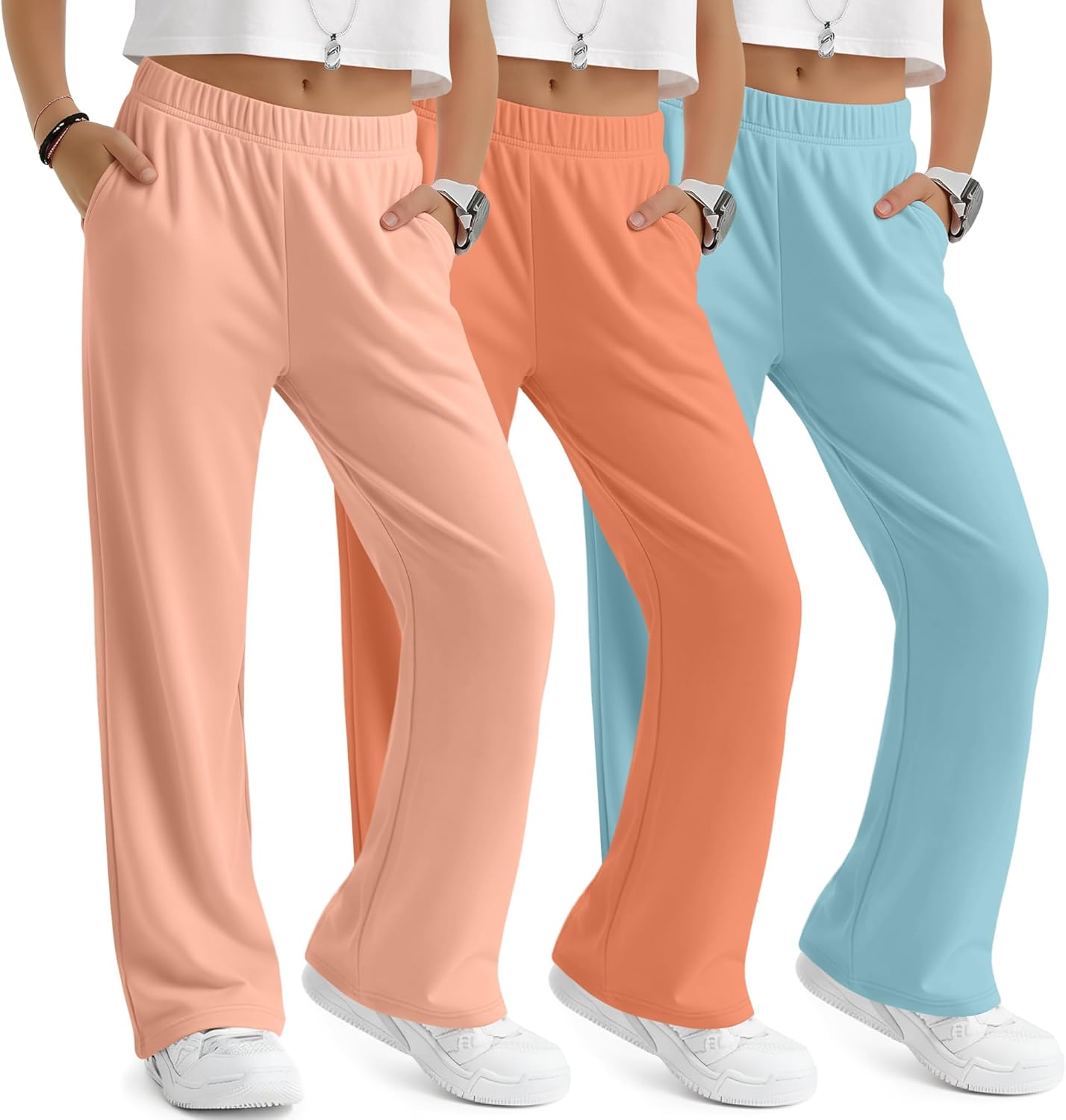 3 Pack Girls' Wide Leg Sweatpants Elastic Waist Casual Flowy Pants Teen Kid Straight Baggy Pants with Pockets 5-16Y(Light Orange, Orange, Mint Green,11-12 Years)