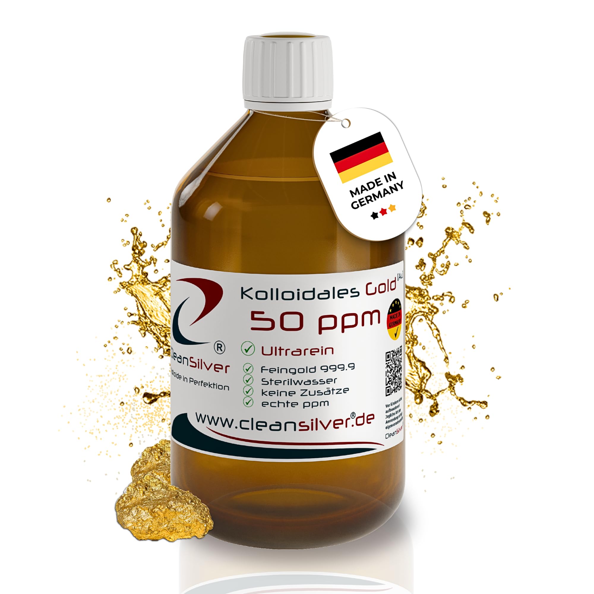 CleanSilver - Kolloidales Gold 50 ppm - 500ml - Ultrarein: Sterilwasser und Feingold 99,99% - Made in Germany - stets frisch nach Bestelleingang, keine Lagerware