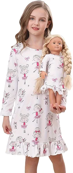 Bow Dream Toddler Girls Casual Dress and Matching American Girl Doll Clothes for Girls Cute Cartoon Kids DressWhite Cartoon