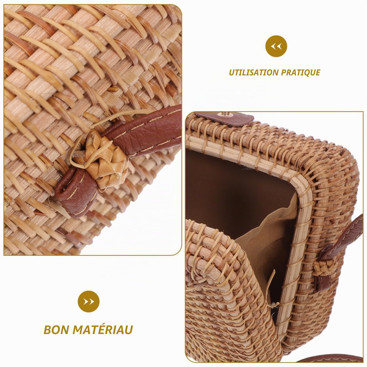 à bandoulière tissé en rotin Panier en cuir Paniers carrés Petit à bandoulière en cuir à main avec sangle en à main d'été de plage en rotin tissé à
