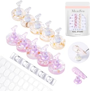 MelodySusie Nail Stand for Press Ons, Round Shell Shape Magnetic Base for Painting Display with Brush Holder and 100 Pcs Reusable Double-Sided Tape for Home DIY Salon Supplies, Purple and Beige
