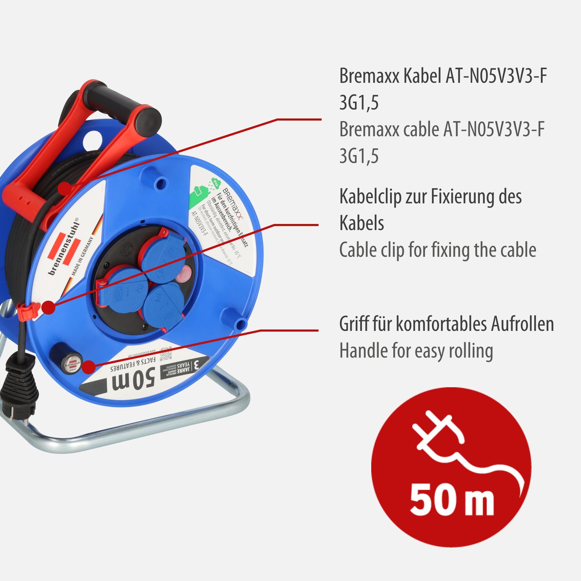 Brennenstuhl Garant IP44 bęben kablowy (50 m, specjalne tworzywo sztuczne, krótkotrwałe zastosowanie na zewnątrz, Made in Germany), niebieski