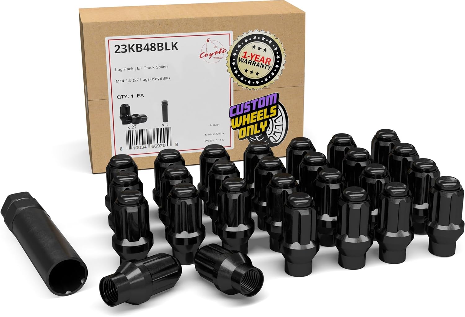 Wheel Accessories Parts 27 Pcs M14x1.5 14x1.5 Thread ET Bulge Acorn (Extra Thread) 1.80" Long Spline Lug Nuts Black Chrome Truck Spline Hex Fits Ford 2022+ Bronco Raptor