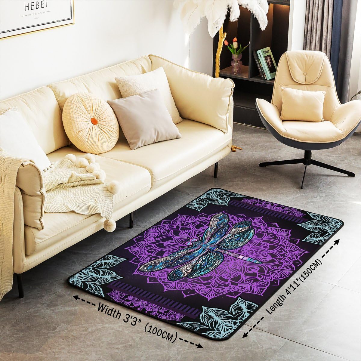 Chic Dragonfly Area Rug 3x5, Bohemian Mandala Rug for Teens Adults, Boho Hippie Abstract Flower Non Shedding Carpet, Paisley Black Purple Decorative Rug