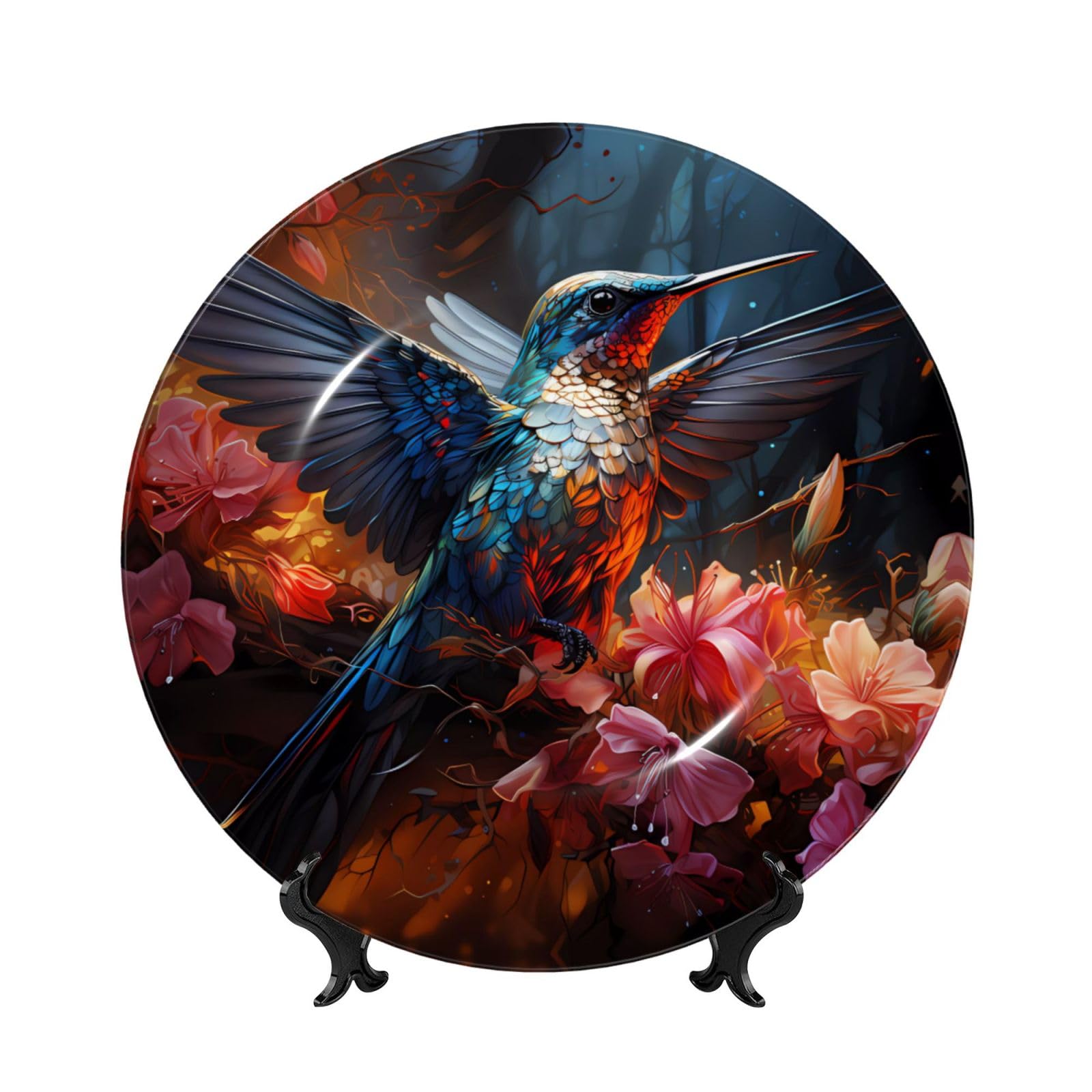 SXZVVBN Hummingbird Bone China Decorative Plate Art with Stand Removable Adhesive Hanging for Home Office 8in（20cm）