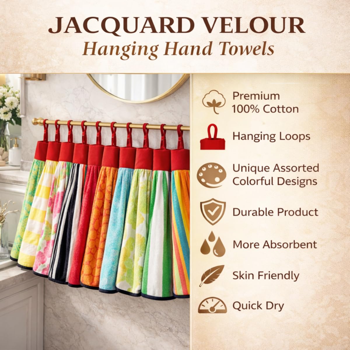 DIVINE OVERSEAS Premium 100% Cotton Hand Towel Set | Velour Velvet Finish Jacquard Hanging Ring Wash Basin Towels | Ultra Soft Highly Absorbent Mix Designs | Pack of 10 1
