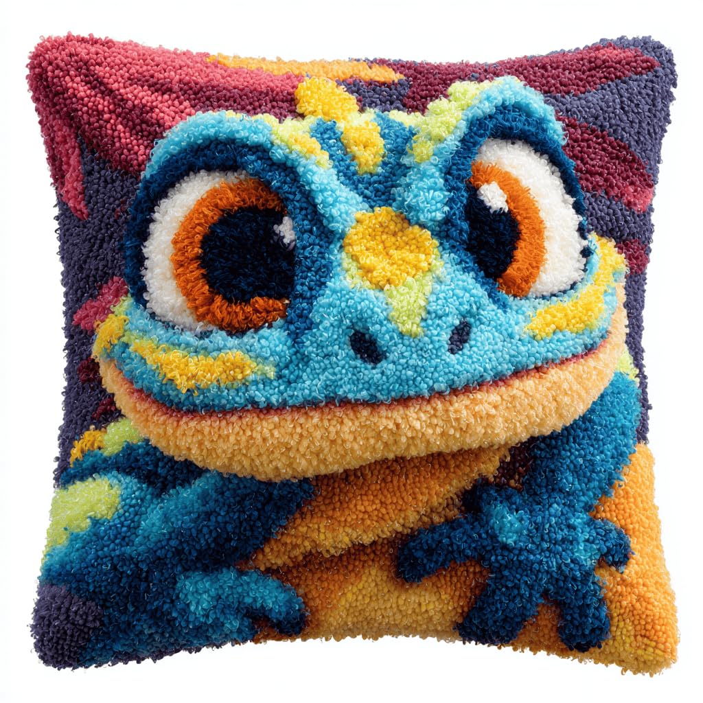 Taxpy Latch Hook Cushion Kits Lizard Pillowcase Kits Embroidery Kits 17X17 Inch DIY Needlework Pillow Cover Sofa Cushion Rug Making