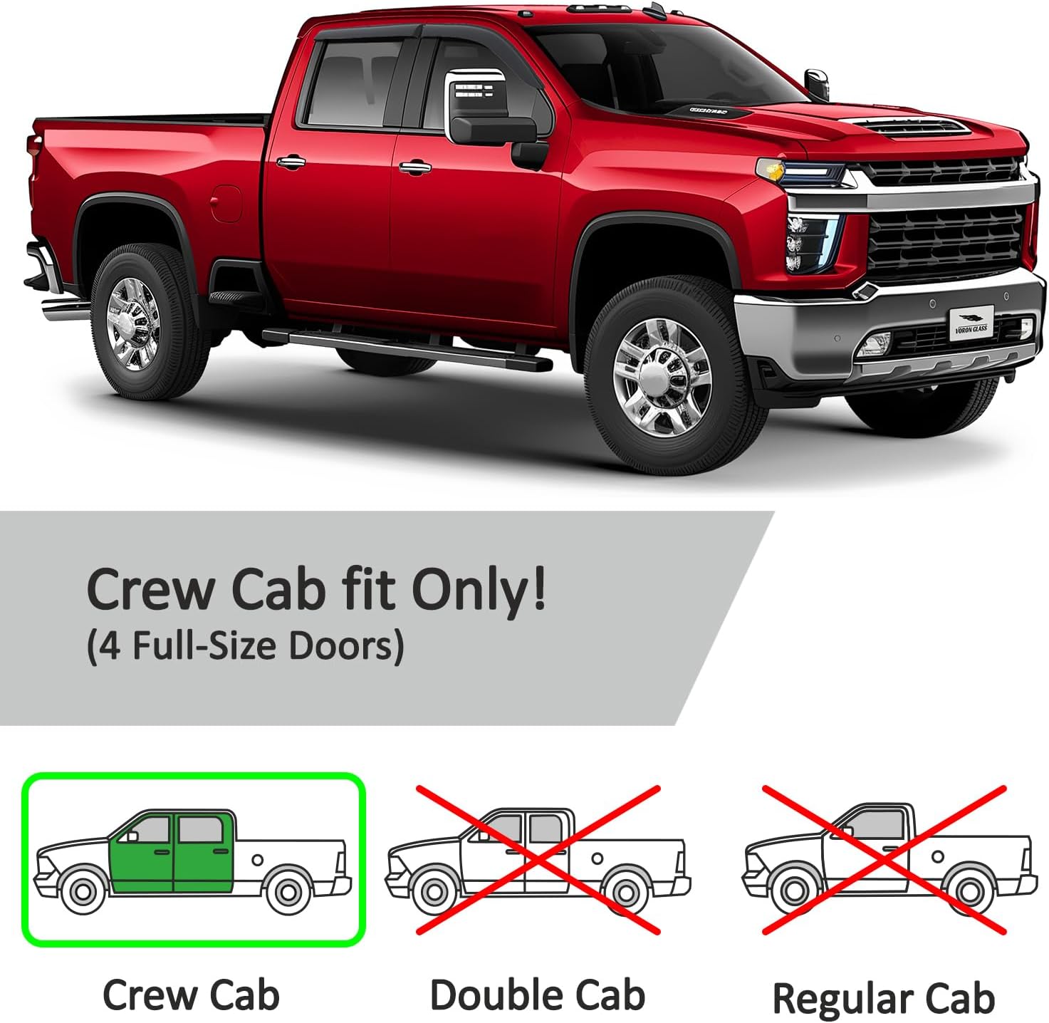 Voron Glass Tape-on Extra Durable Rain Guards for Trucks Chevrolet (Chevy) Silverado/GMC Sierra 2500HD, 3500HD 2020-2026 Crew Cab, Window Deflectors, Vent Window Visors, 4 Pieces - 120086v2