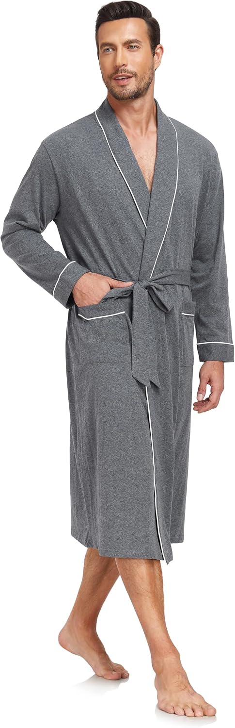 COLORFULLEAF Men's 100% Cotton Summer Robe Lightweight Long Bathrobe Breathable Knit Sleepwear Spa Robe with Pockets