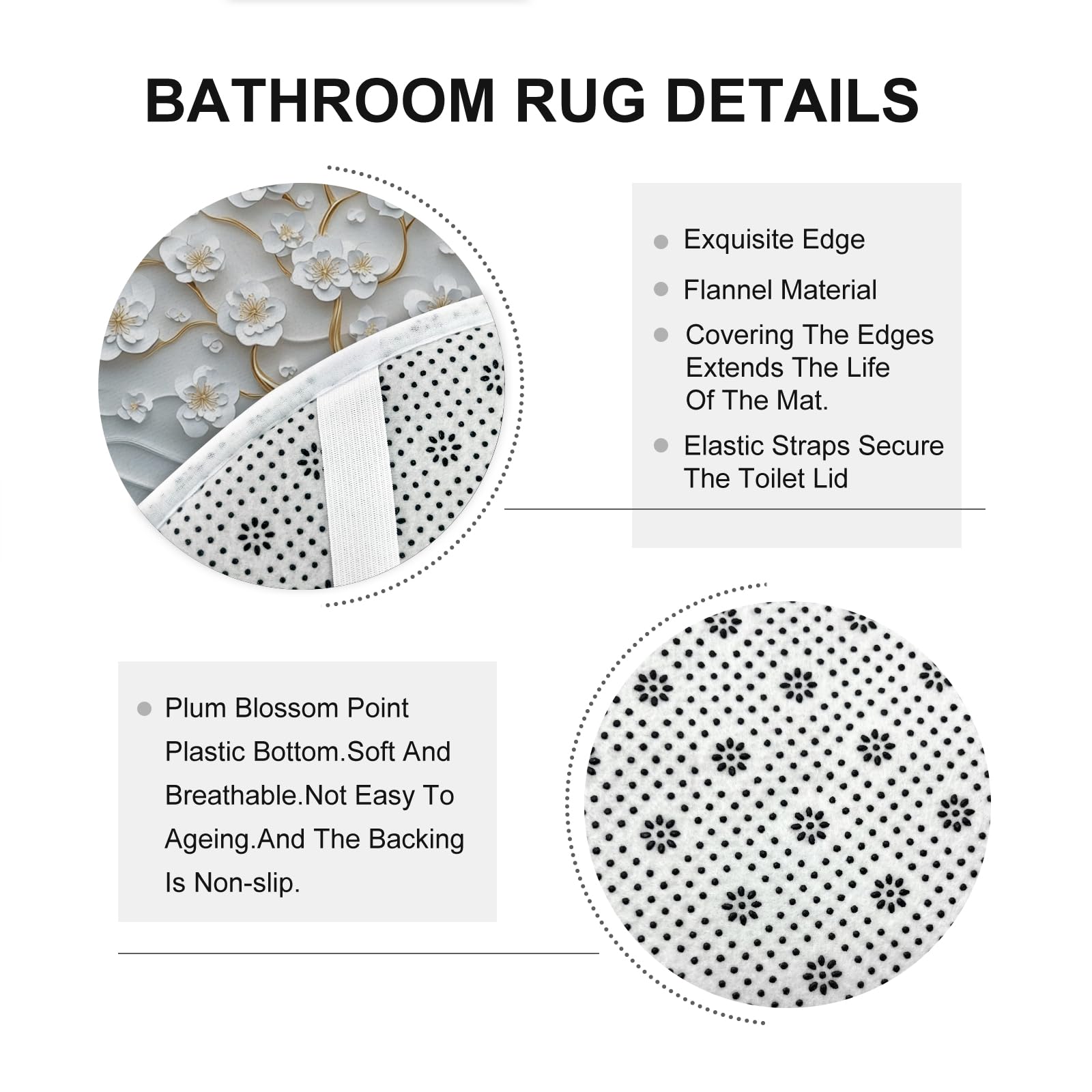 Juego de 4 accesorios de baño de árbol de chinoiserie blanco con alfombra antideslizante, en forma de U y cubierta de tapa de inodoro, decoración de tela de baño china japonesa 3D, 72 x 72 pulgadas