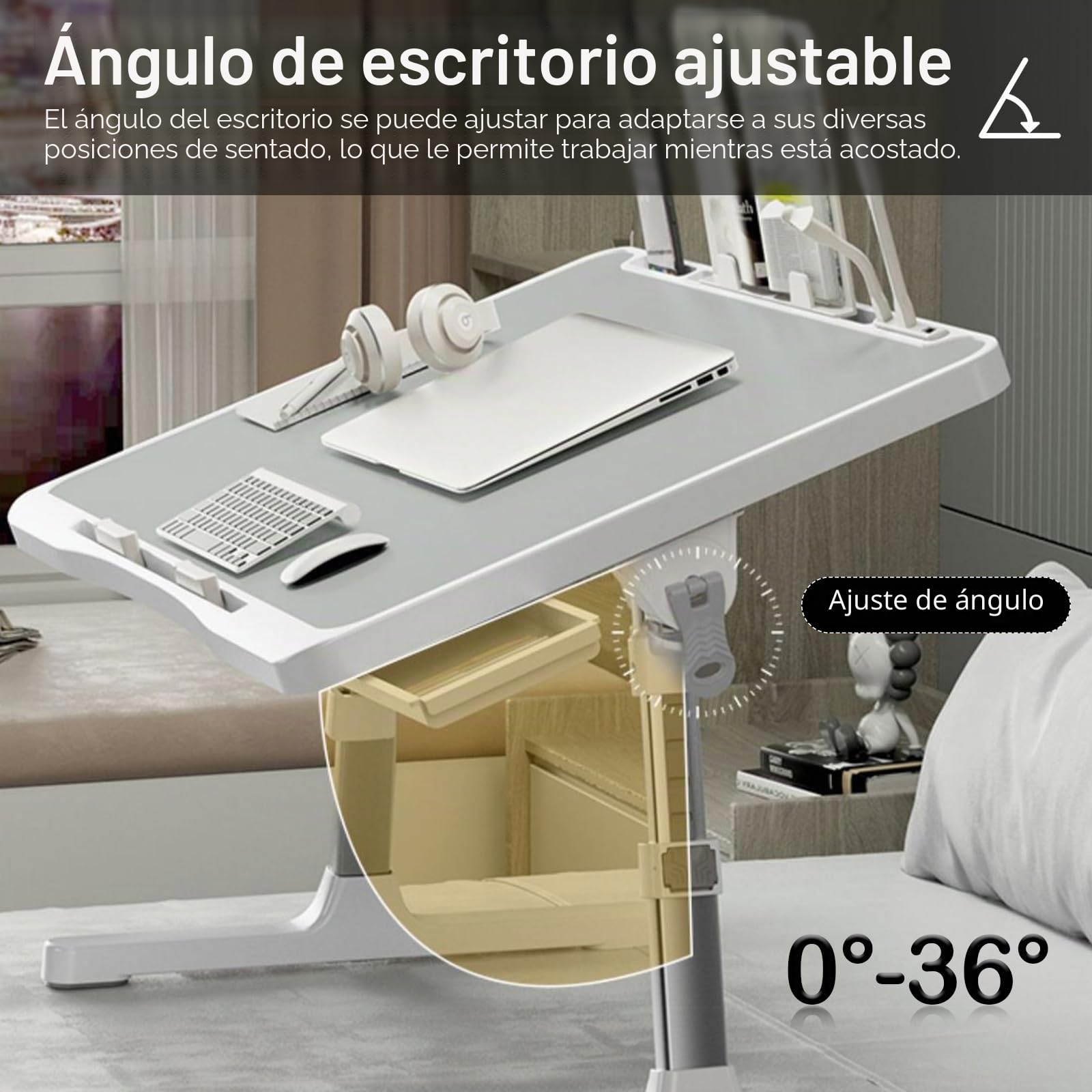 Mesa para PortáTil, Bandeja De Cama Ajustable En Altura Mesita De Noche Plegable con CajóN Estante LáMpara De Escritorio USB Y Ventilador para Cama Sofá Suelo 60 X 40 Cm