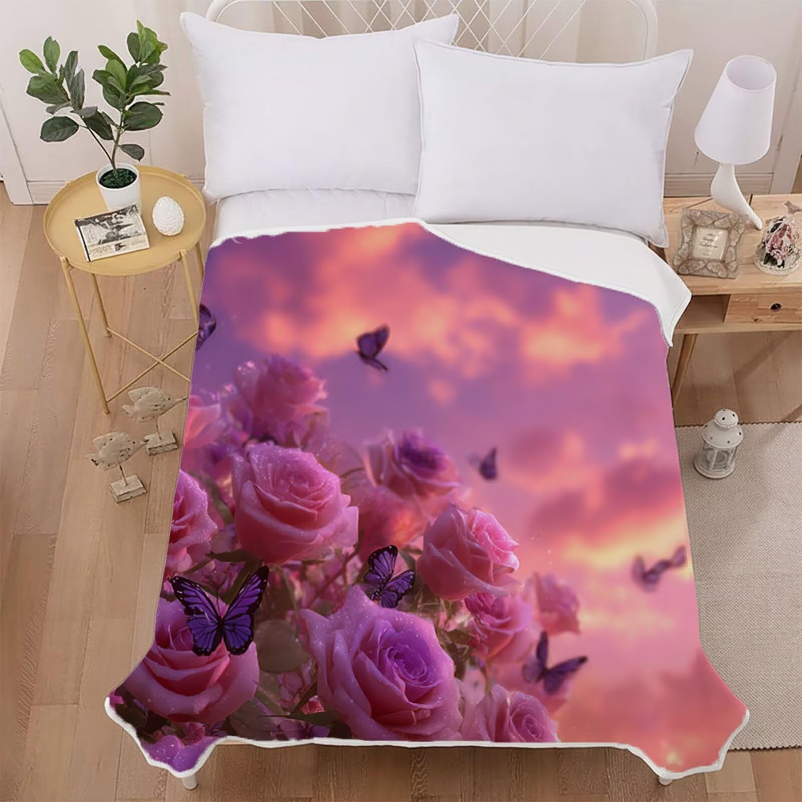 Różowe Koce Zimowe, Roślinny Koc Sofa Zima 150x200cm, Koce Na Łóżka Miękkie Przytulne Ciepłe Puszyste Odwracalne, Ciepłe Kaszmirowe uczucie Ciepły i Przytulny na Sofę Łóżko i Fotel A-5253