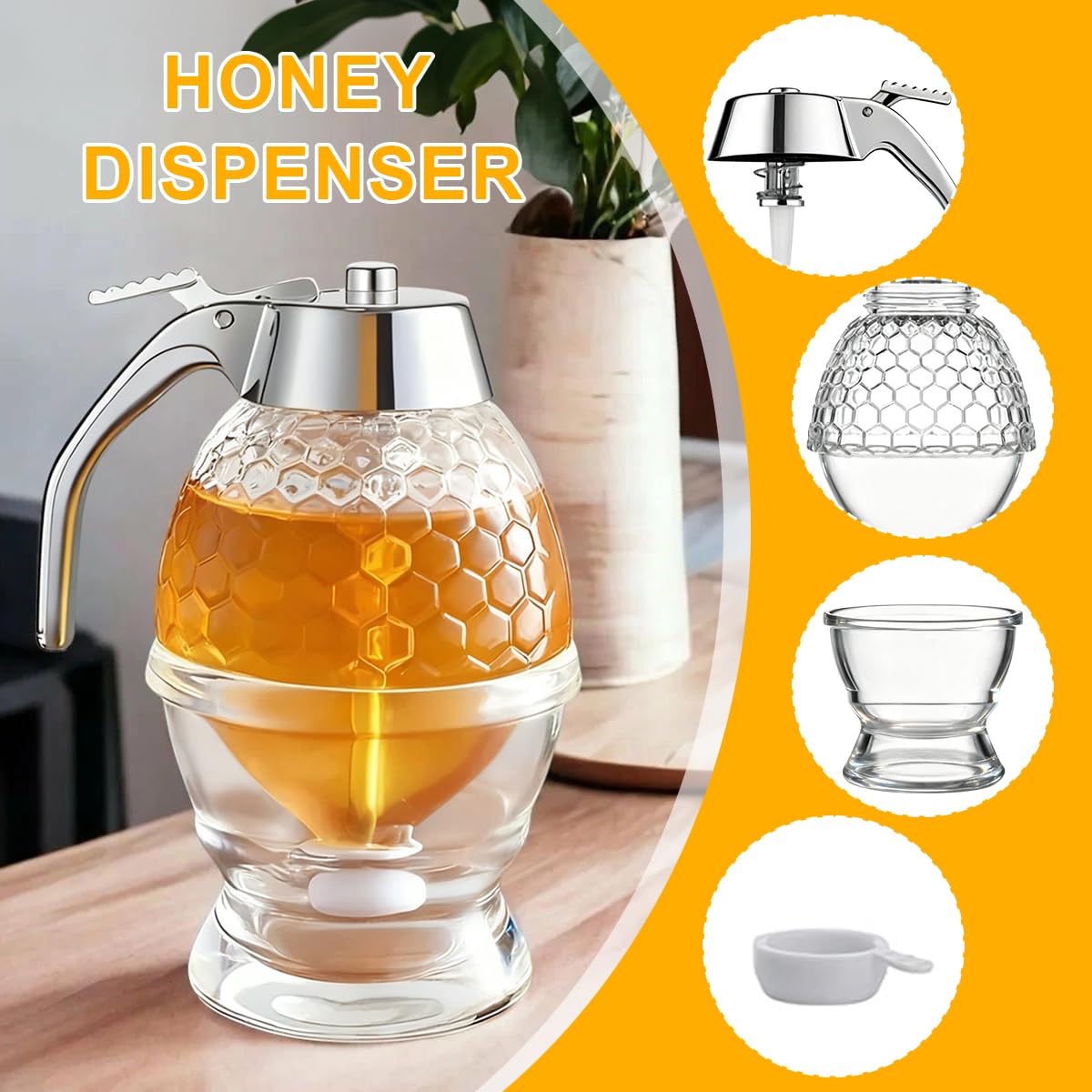 Dispensador de Miel,Jarabe Dispensador,Dispensadors Miels con soporte,Tarro de miels antigoteo,para Servir Miel y Almíbar (200ML)