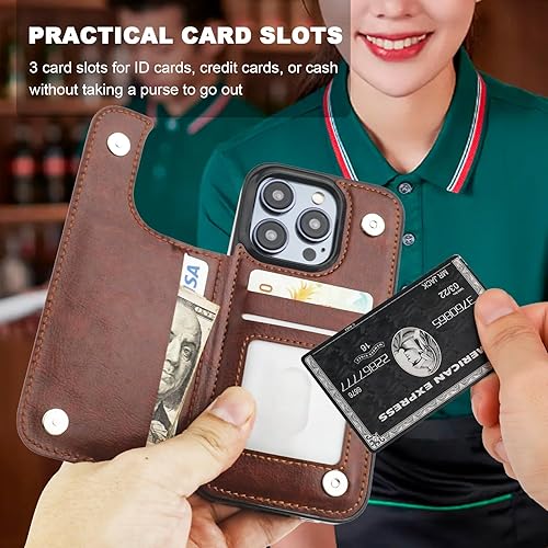 Miniatura 3 de Funda tipo cartera para iPhone 15 Pro con soporte para tarjetas, anillo de rotación de 360, función atril con bloqueo RFID, piel sintética, doble