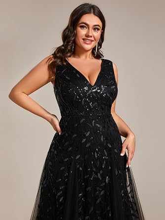 Ever-Pretty Plus Women's Formal Dress for Curvy Women V Neck Sequin A Line Floor Length Plus Size Evening Dresses Ball Gowns