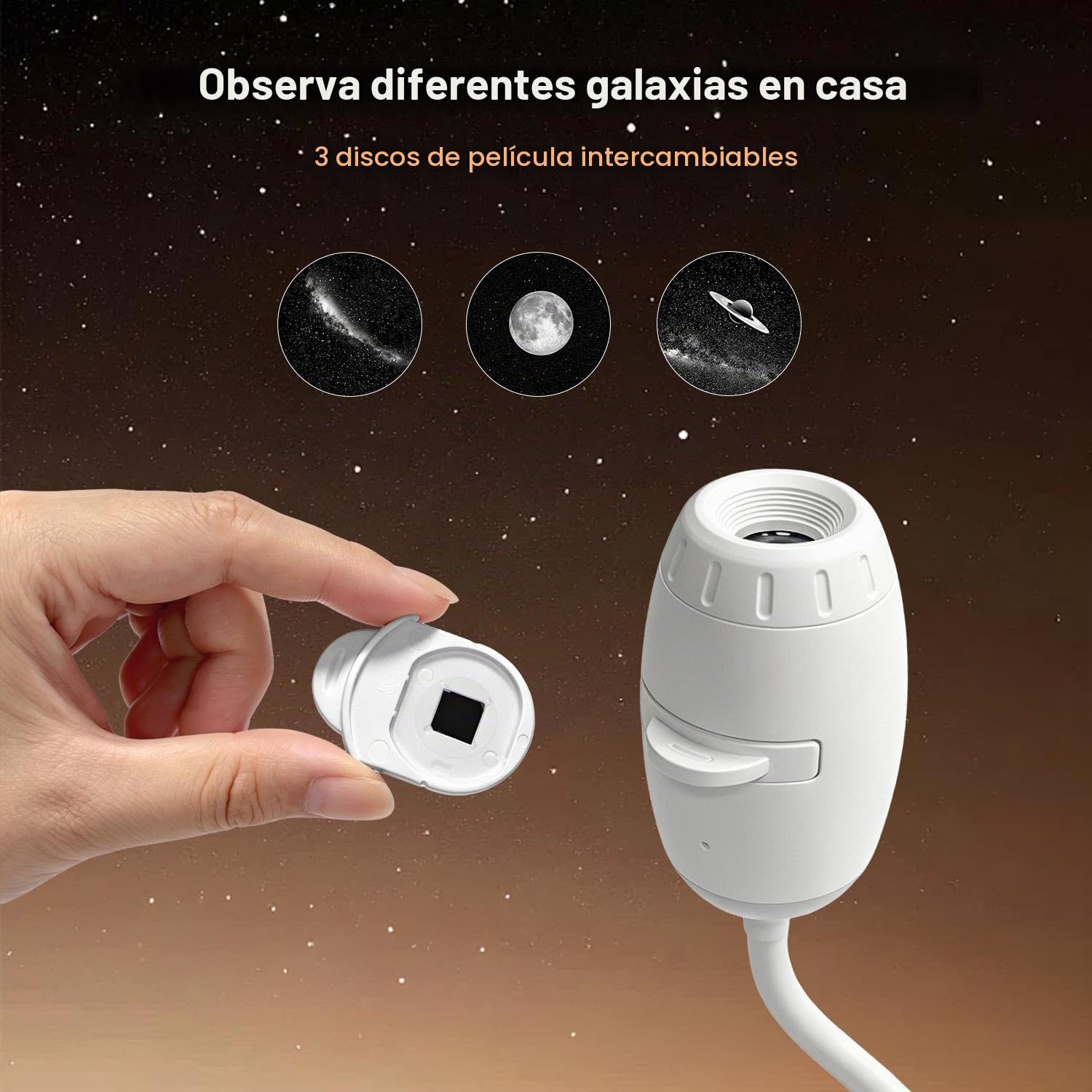 Proyector de galaxia y estrellas 2 en 1, luz nocturna LED espacial ajustable a 360°, proyector de techo USB con 3 películas de proyección deslizantes, luz nocturna planeta estelar