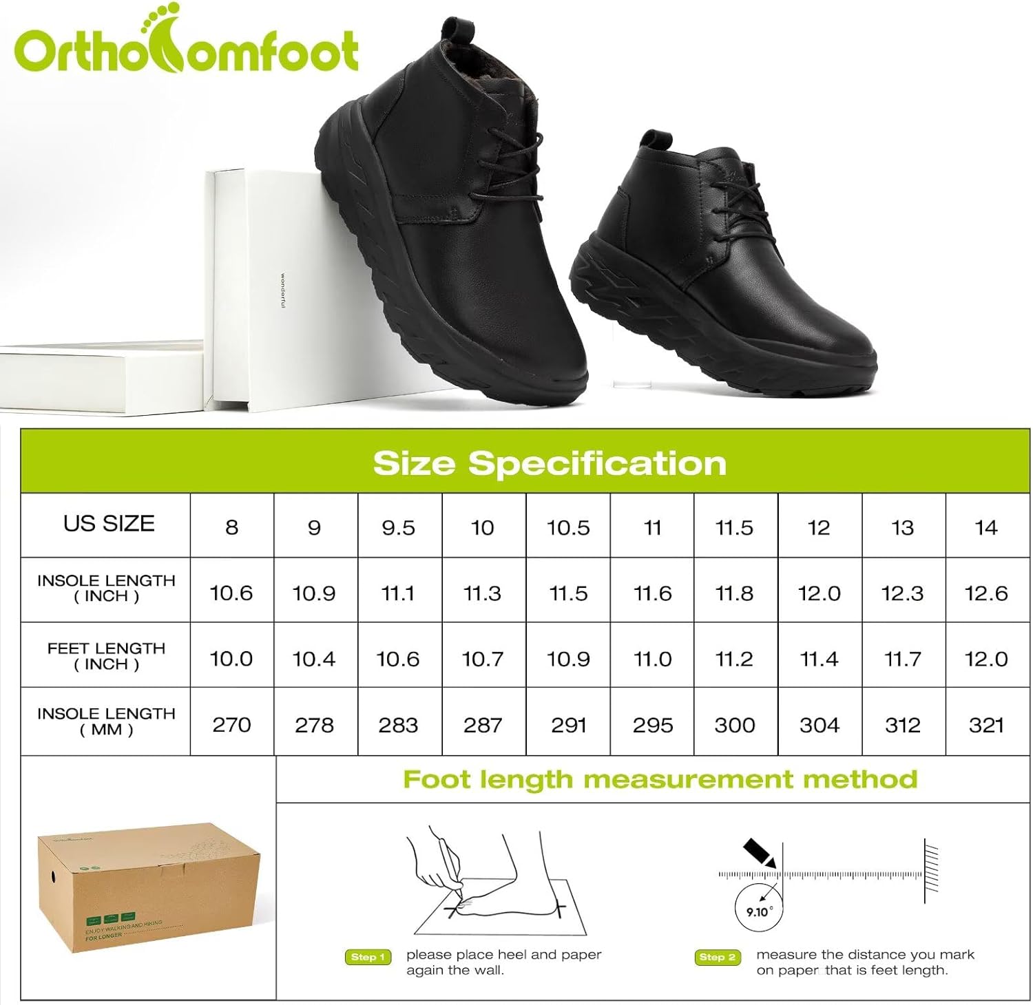 OrthoComfoot メンズ 整形外科 エクストラワイド トゥ ボックス レザー 冬用アンクルブーツ