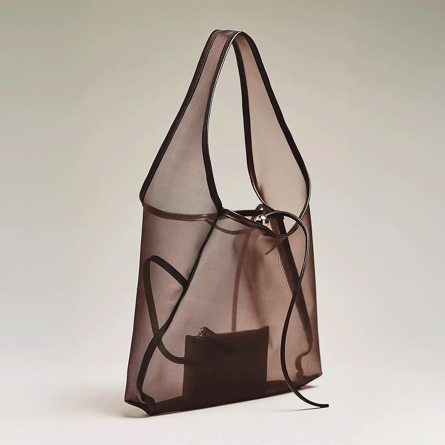 Mesh Beach Bag Purse Sheer Mesh Hobo Tote with Small Pouch Soft Leather Trim Women's Summer Shoulder Handbag