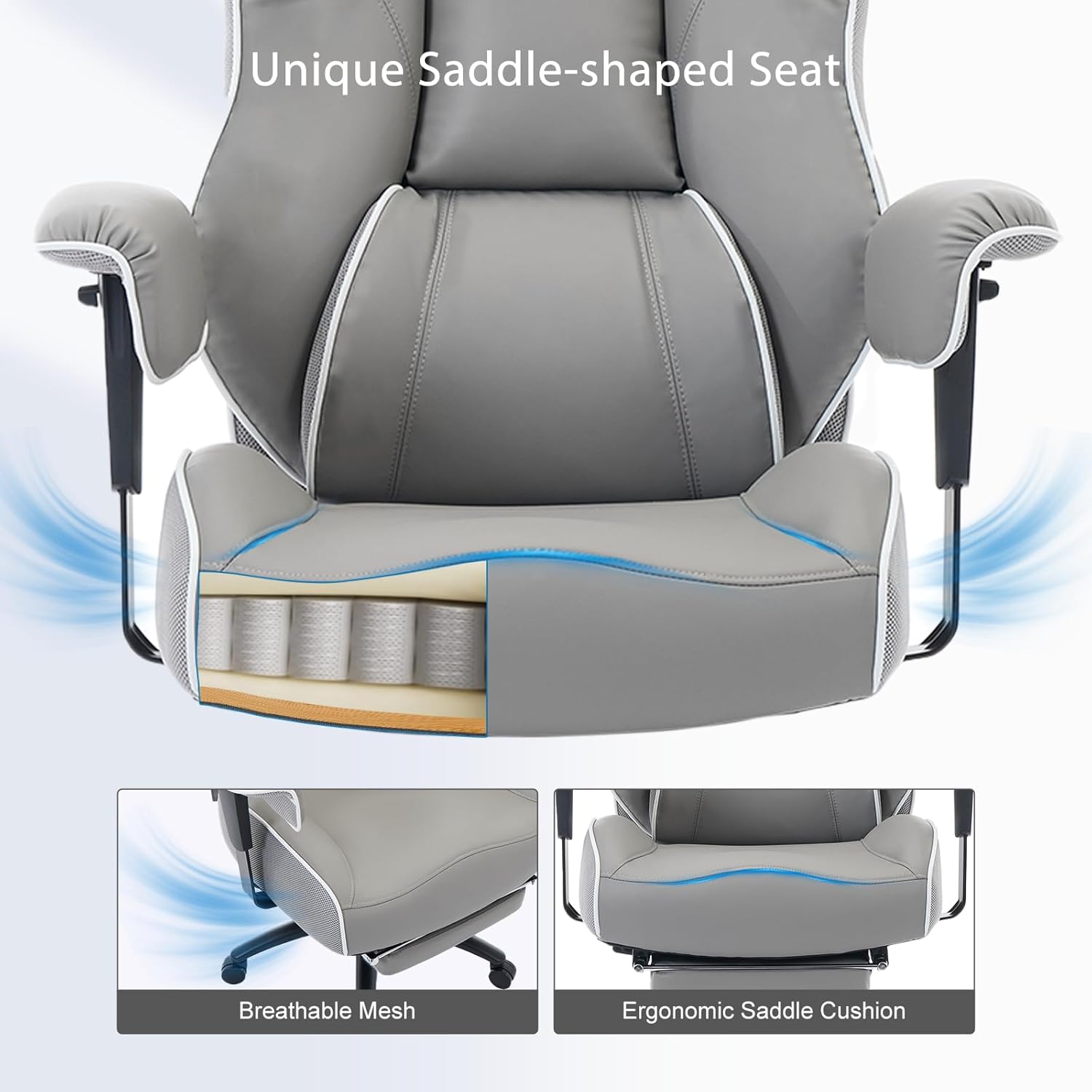 DJ·Wang Big and Tall Office Chair with Foot Rest, High Back Executive Office Chair PU Leather, Ergonomic Chairs with Lumbar Support, 135° Reclining Chairs with Thickened Spring Cushion Gray - Image 3