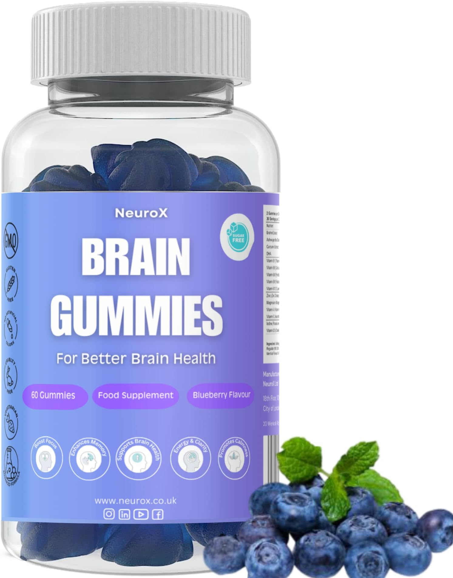 NeuroX Brain Gummies – Focus, Memory & Stress Support – Ashwagandha, DHA & Magnesium – Sugar Free – 60 Gummies