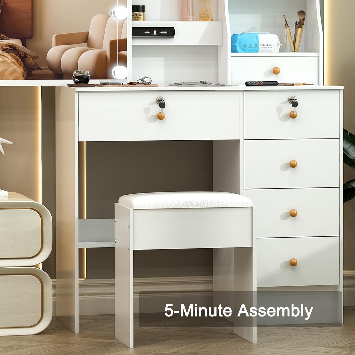 Vanity Stool,Cushioned Vanity Stools,Footstool for Makeup Room,Easy Assembly Makeup Chair,Vanity Chair for Bathroom,White