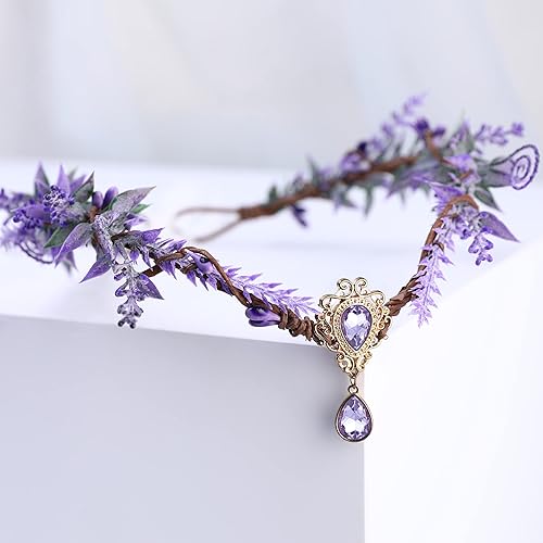 Miniatura 4 de MOSTORY Corona de flores de elfo del bosque, tocado de elfo floral con cristal en forma de V, tiara elfa para mujeres y niñas, diadema de corona de