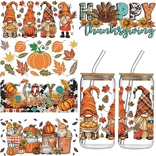 5 Sheets Fall UV DTF Cup Wraps Vintage Pumpkin Gnome Turkey UV DTF Cup Wrap Stickers for 16 oz Glass, Autumn Maple Leaf Uvdtf Stickers Decals, Rub On Transfers for DIY Crafts Thanksgiving Party Decor
