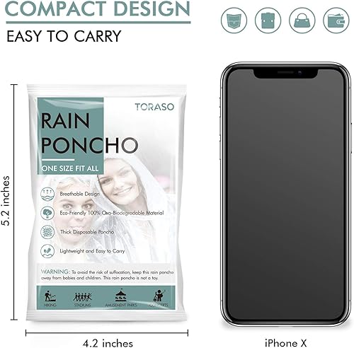 Miniatura 8 de TORASO Ponchos de lluvia desechables para adultos, capucha con cordón y material más grueso, impermeable, transparente