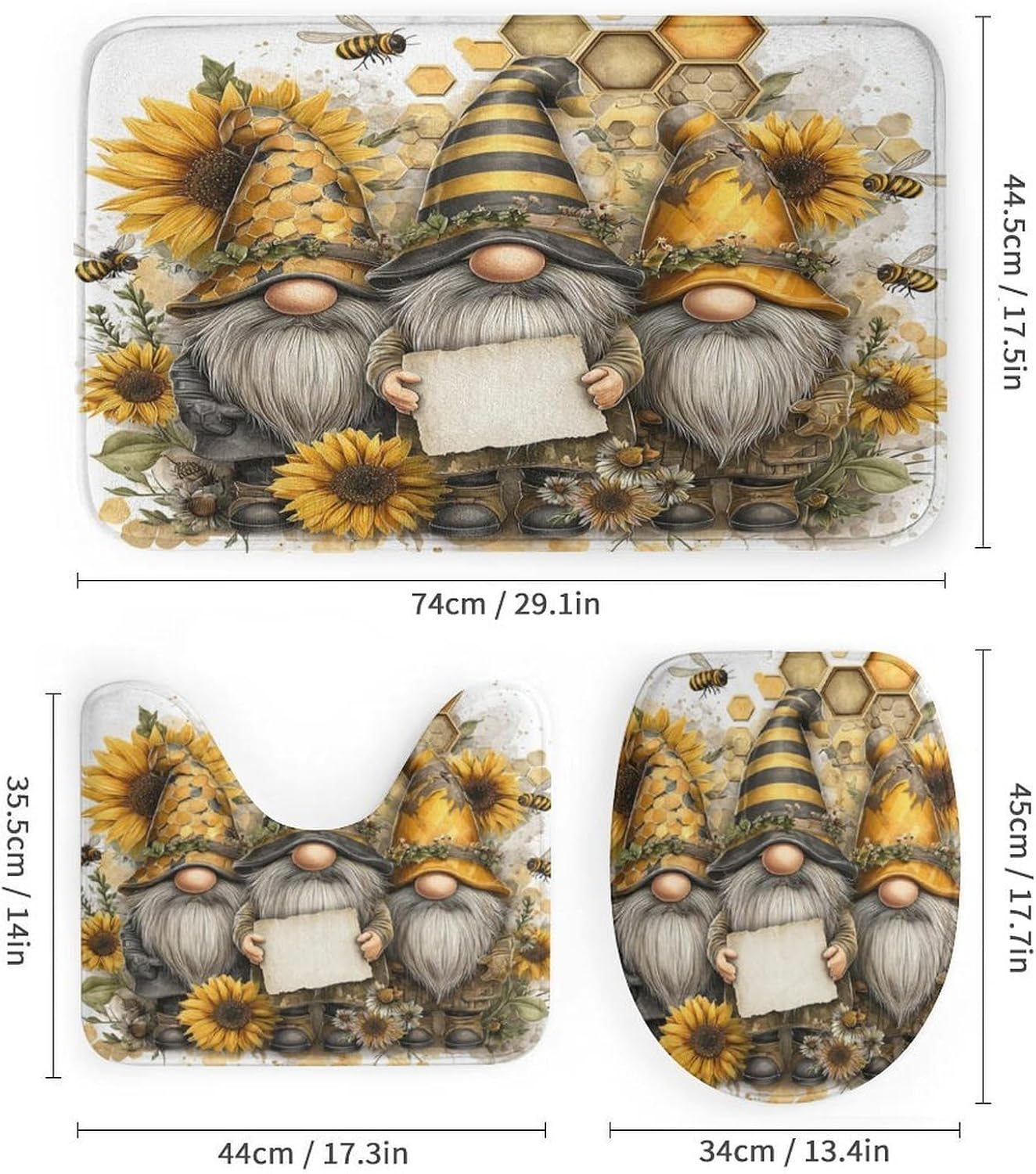 4Pcs Fantasy Gnome Farmhouse Sunflower Honeycomb Shower Curtain 72W X 72L, Toilet Lid Cover Non-Slip Rugs and U-Shaped Mat, Colorful Bee Flower Yellow Bathroom Decor Set with 12 Hooks
