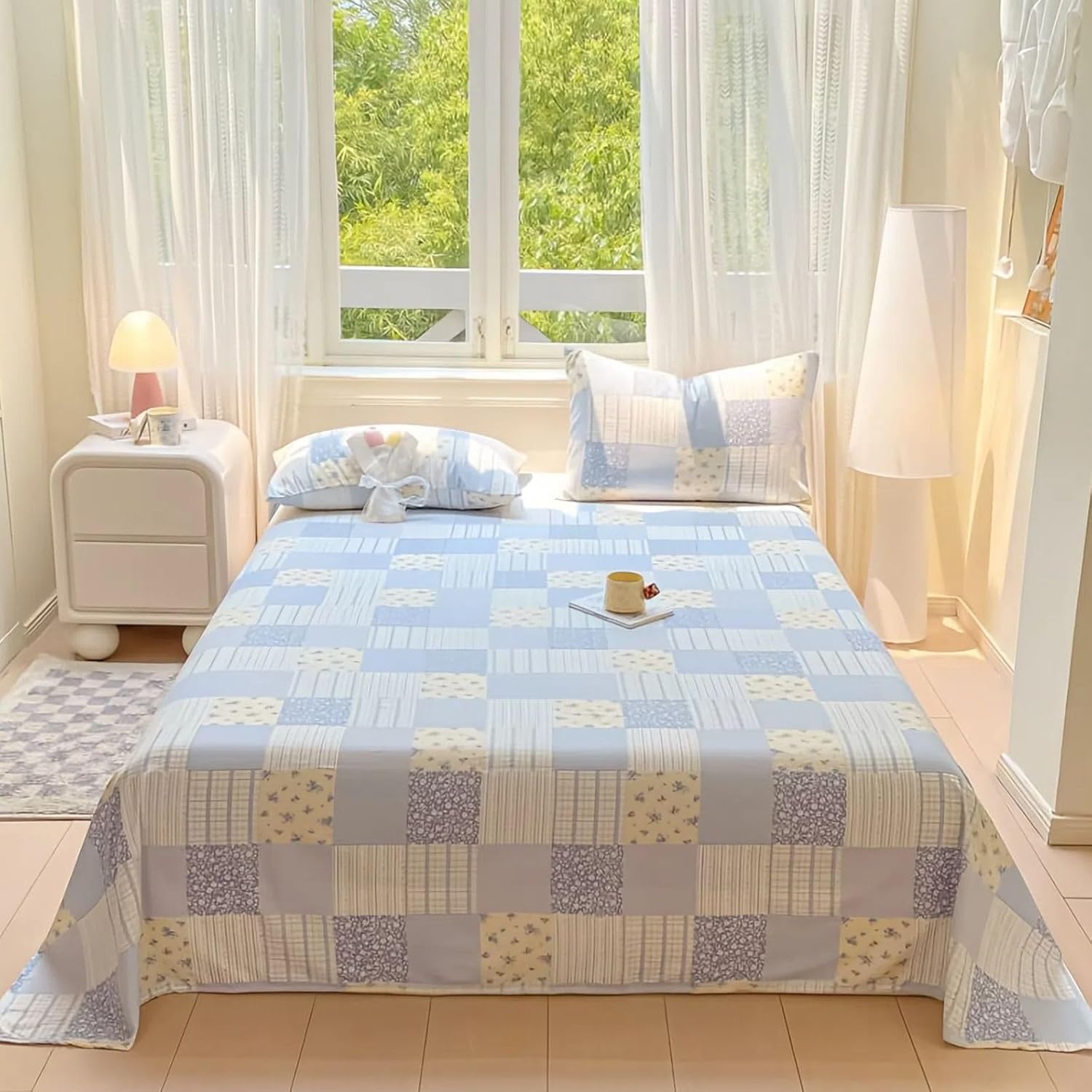 Bunny Queen Sheets Bedding Set with Flat Sheet and Pillowcases, Cute for Girls Kids Teens 100% Washed Double Gauze, Soft & Breathable, 3-Piece Comfortable Bed Sheets