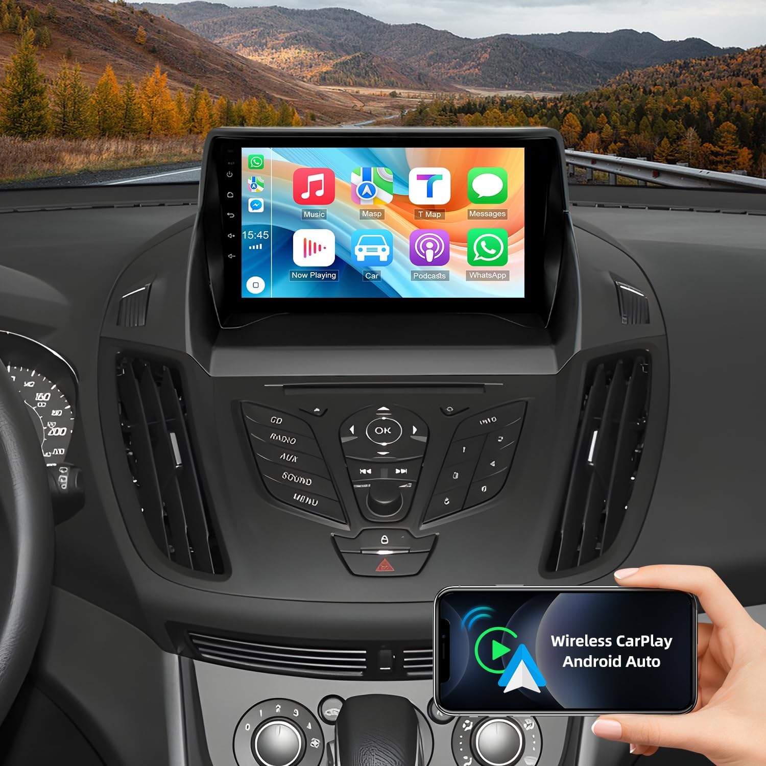 4G+64G Car Stereo Radio for Ford Escape 2013-2016 9inch Touchscreen Car Audio Receiver with Wireless Carplay Android Auto Support WiFi GPS Navigation Bluetooth FM SWC 32EQ AHD Backup Camera Mic