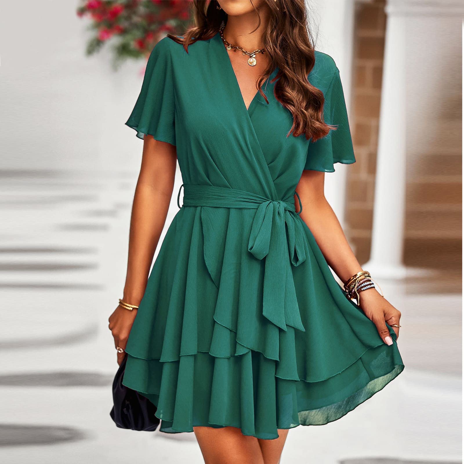 TcIFE Damen Kleid Kurzarm Tiefer V-Ausschnitt Hohe Taille Krawatte Rüschen Layer Mini Swing Skater Freizeit Kleider