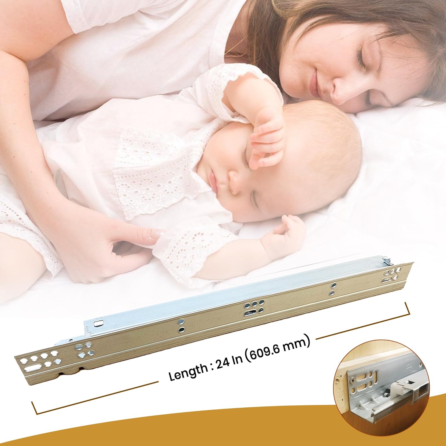 24 Inch Undermount Soft Close Slides. Pack of 4 Pair Full Extension 6-Way Adjustable Slide with 3D Locking Device. Cold Rolled Steel Material with 120 Pound Load Capacity