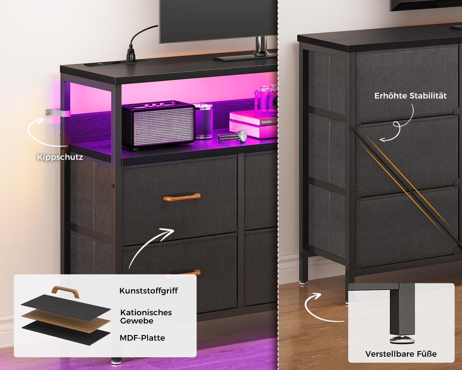 Coleshome Komoda z Oświetleniem LED, 2 Portami USB, 2 Gniazdkami