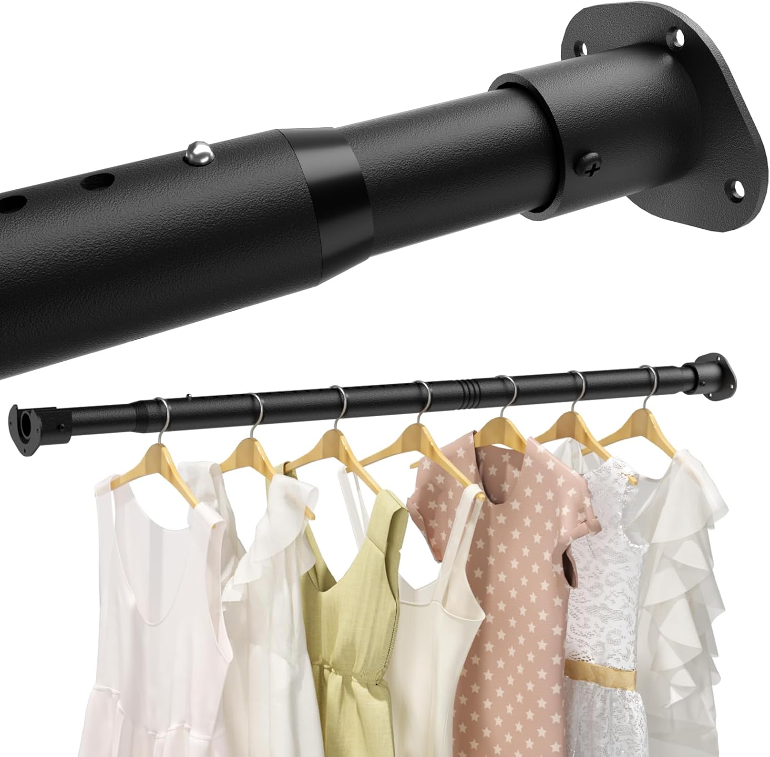 Closet Rods for Hanging Clothes, 16.5 to 79 Inches Adjustable Closet Rod, 1.3 Inch Heavy Duty Closet Hanging Rod for Wardrobes Laundry Closet Windows 16.5-79" Matte Black