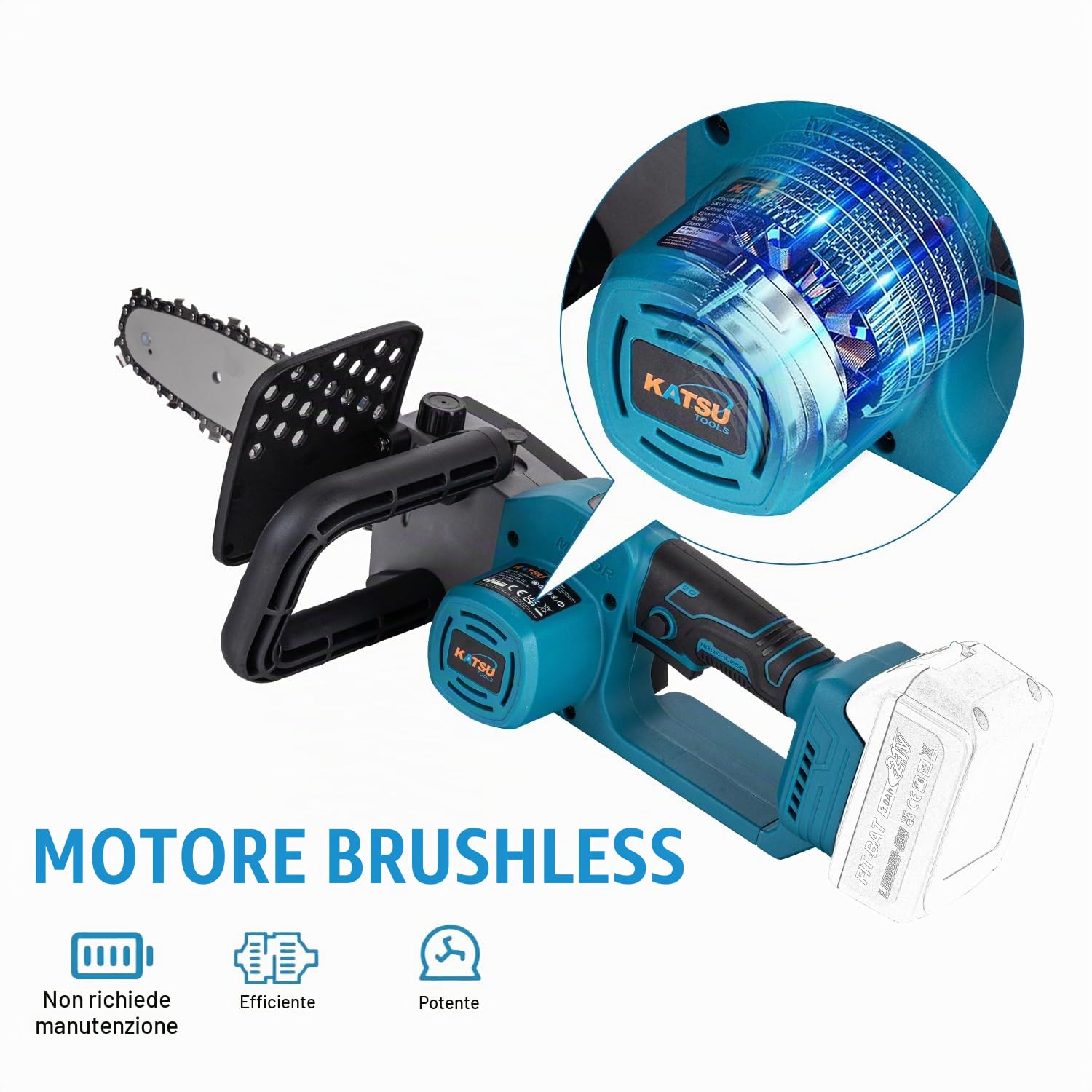 KATSU FIT-BAT 21V Motosega a Batteria Brushless, 750W 10" Motosega Elettrica senza Spazzole per Taglio del Legno Potatura Giardinaggio, senza Batteria o Caricabatterie 102733