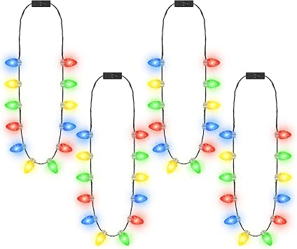 4 PCS Christmas Light Necklace, 3 Modes LED Light Up Christmas Accessories | 33.8 In Christmas Necklaces, 12 Glow Bulbs, PVC, 4 Colors Xmas Light Up Favors for Ugly Sweater Holiday Party Xmas Decoration