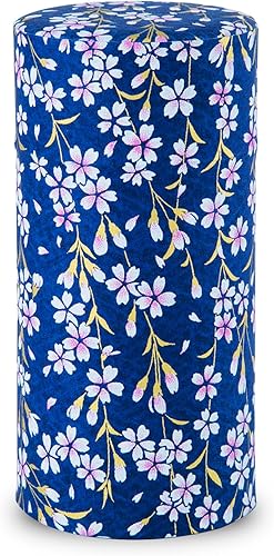 Lata de té japonés (papel Yuzen Washi - Sakura de Kiotoazul marino), tamaño de 7.06 onzasfabricado en Japón con tapa interior hermética a prueba de