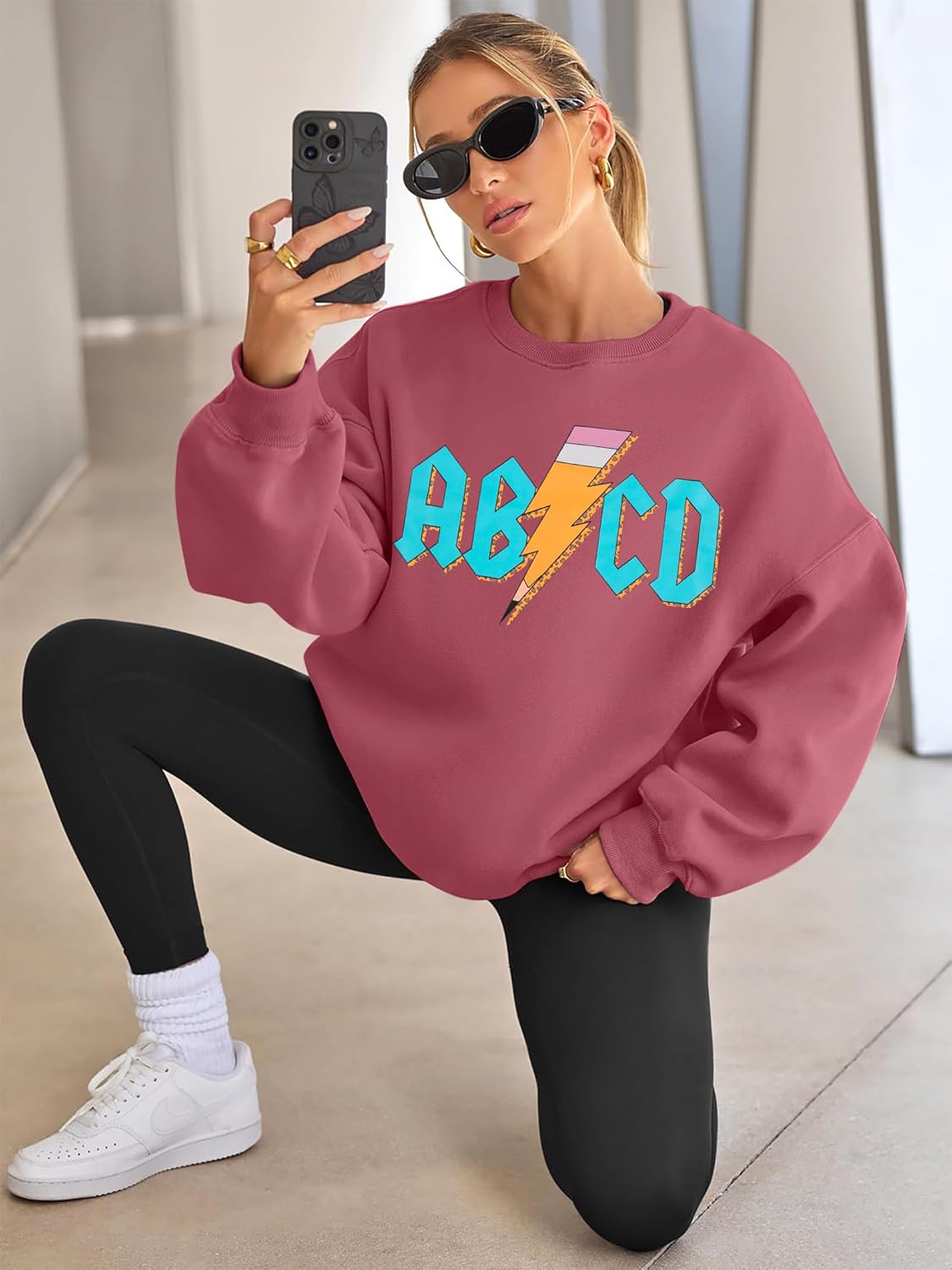 MAXIMGR Teacher Sweatshirt Women Oversized Rock'n Roll Sweatshirt ABCD Alphabet Graphic Back to School Pullover Top Pink