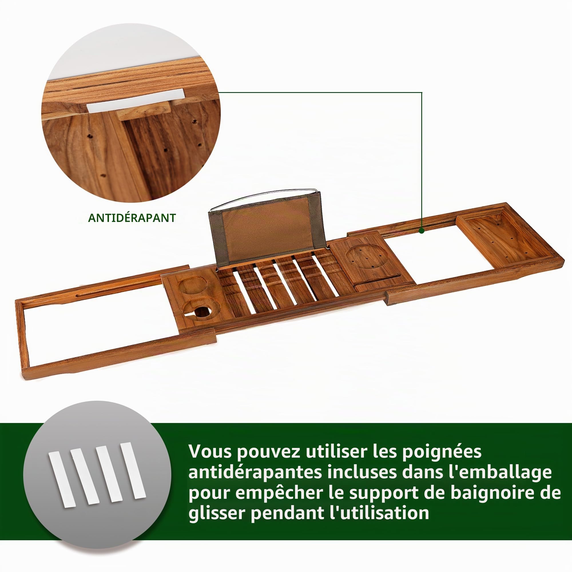 Plateau de baignoire en teck, plateau de baignoire extensible en bois pour la baignoire avec porte-bouteilles de vin et porte-livres, caddy de salle de bain solide avec brosse à corps en teck gratuite