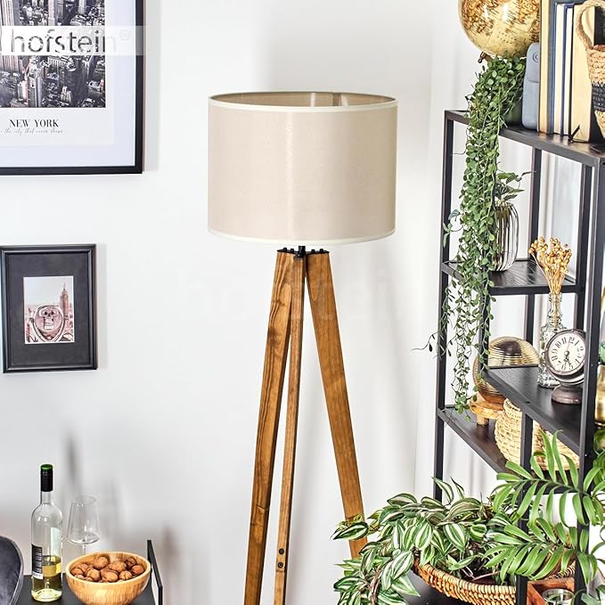 hofstein Bassagoda floor lamp, wood/metal/fabric floor lamp in natural/black/beige, Scandinavian design lamp with fabric shade (Ø 40 cm) and footrest, height 161 cm, 1 x E27, bulb not included photo 3