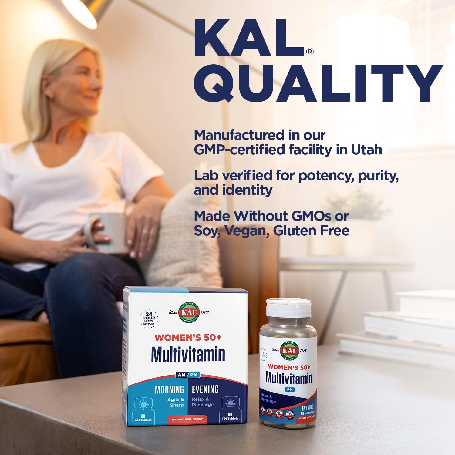 KAL Plus 2-in-1 Multivitamin for Women 50+, AM/PM Vitamin B and D, Biotin, Ginkgo Biloba, Bone Strength and Immune Support, Made Without GMOs and Soy, Vegan, 30 Servings, 120 Tablets