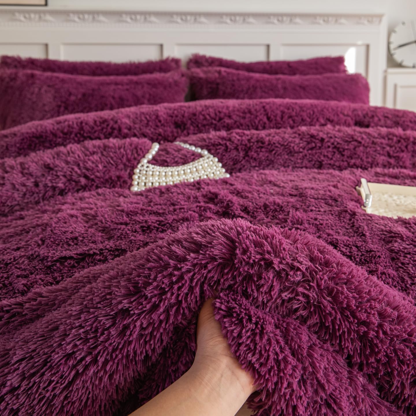 Kids Girls Faux Fur Grape Purple Comforter Sets Twin/Full - 3PC Bed Set Skin Friendly Soft Warm Comfortable Classical Rabbit Plush Velvet Flannel Fluffy Fuzzy Bedding（Comforter x 1 Pillowcases x 2）