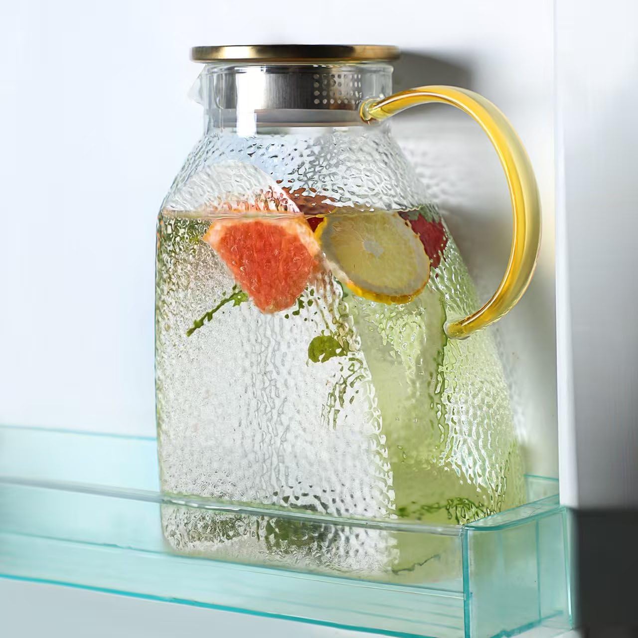 Glass Pitcher with Lid 1.8L, Borosilicate Glass Water Jug for Refrigerator Door, Hot & Cold Beverages, Leak-Proof Stainless Steel Lid with 2 Filter Holes for Iced Tea, Juice, Coffee, Milk