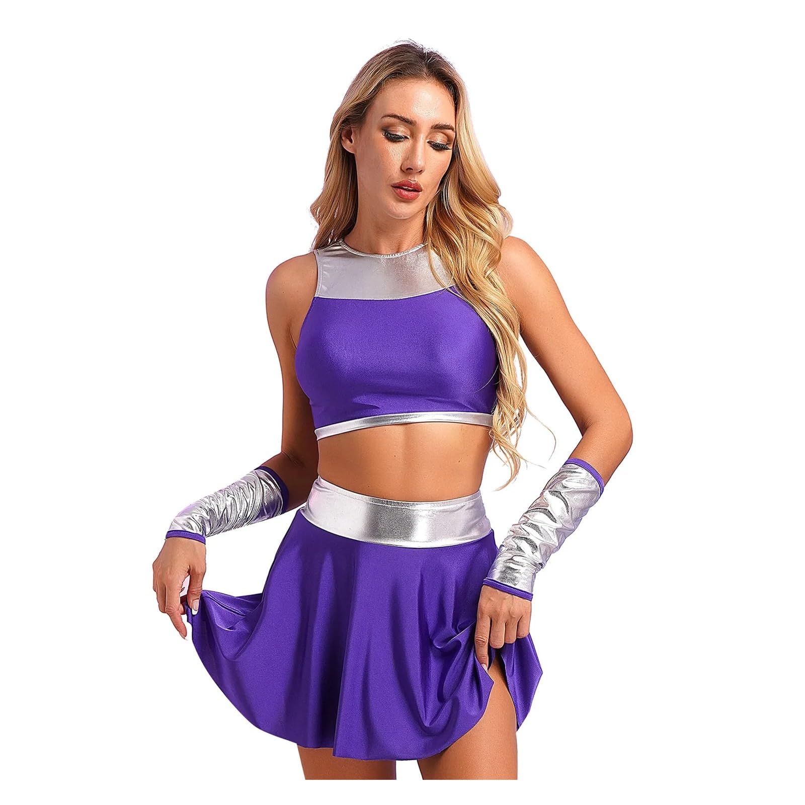 Cheerleader Kostüme Damen Halloween Metallic Patchwork Anzug Cheerleading Outfits Ärmelloses Crop Top Handschuhe und Mini Swing Rock Cosplay Kostüme(L)