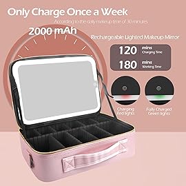 MOMIRA Large Makeup Train Case with Lighted and Mirror 14inch Partitionable Cosmetic Bag Travel Makeup Case Professional Cosmetic Artist Organizer, Waterproof Portable, with Shoulder Stra Pink