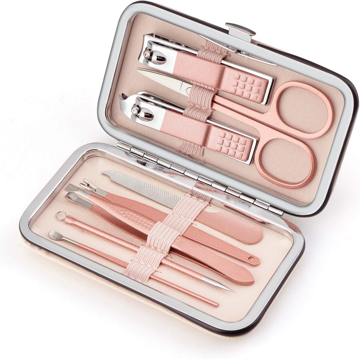 Manicure Set, 8 In 1 Stainless Steel Professional Pedicure Kit Nail Scissors Grooming Kit with Pink Leather Travel Case Pink