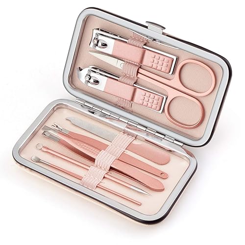 Juego de manicura, 8 en 1, kit de pedicura profesional de acero inoxidable, tijeras de uñas, kit de aseo con estuche de viaje de cuero rosa, rosa