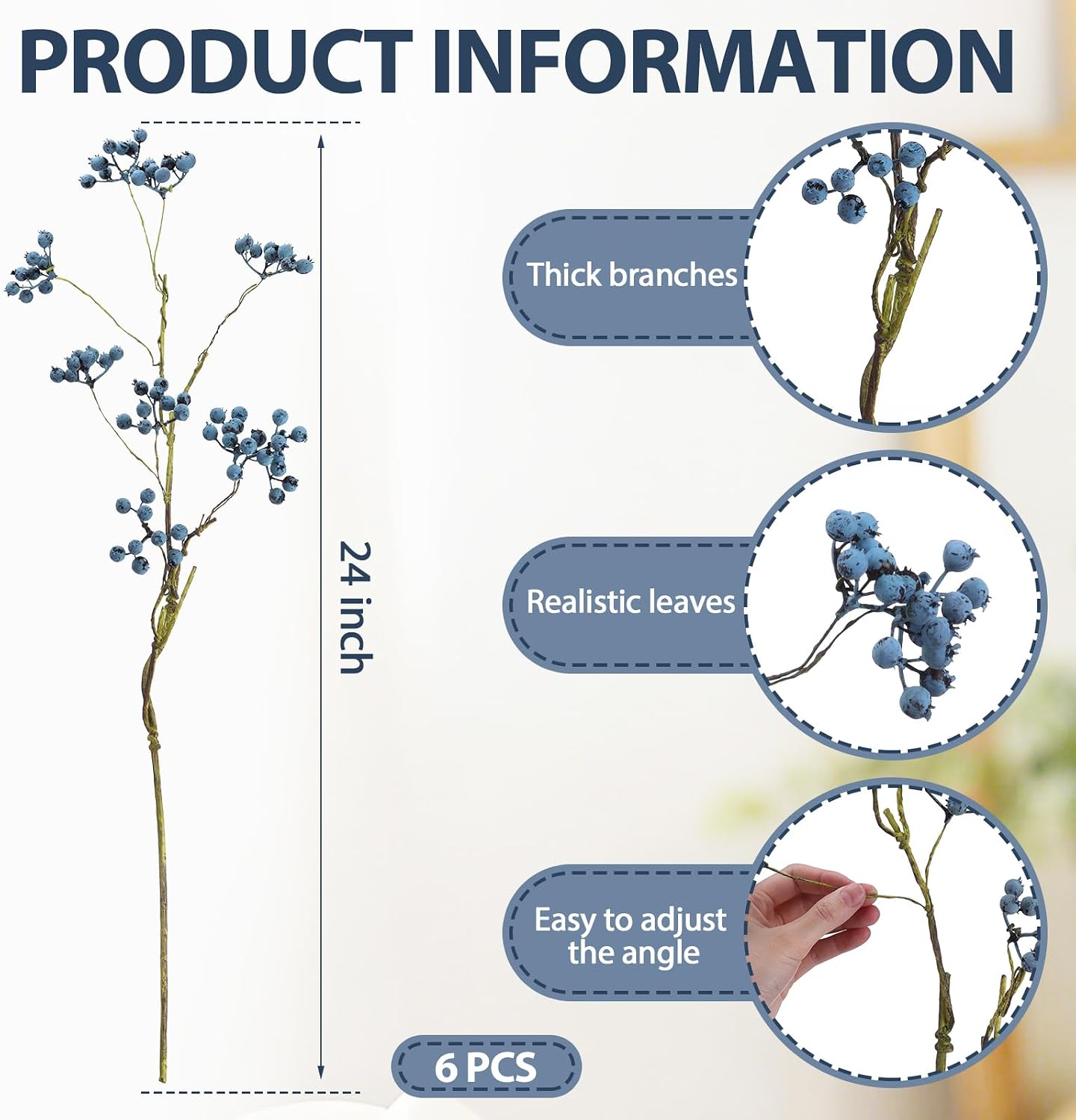 Suncalla 3 Pcs Artificial Berry Stems 24 Inch Faux Berries Stem Home Decor Simulation Berry Stems for Holiday Party Home Office Decorations Wedding DIY Bridal Bouquet (Dark Blue, 24 Inch)